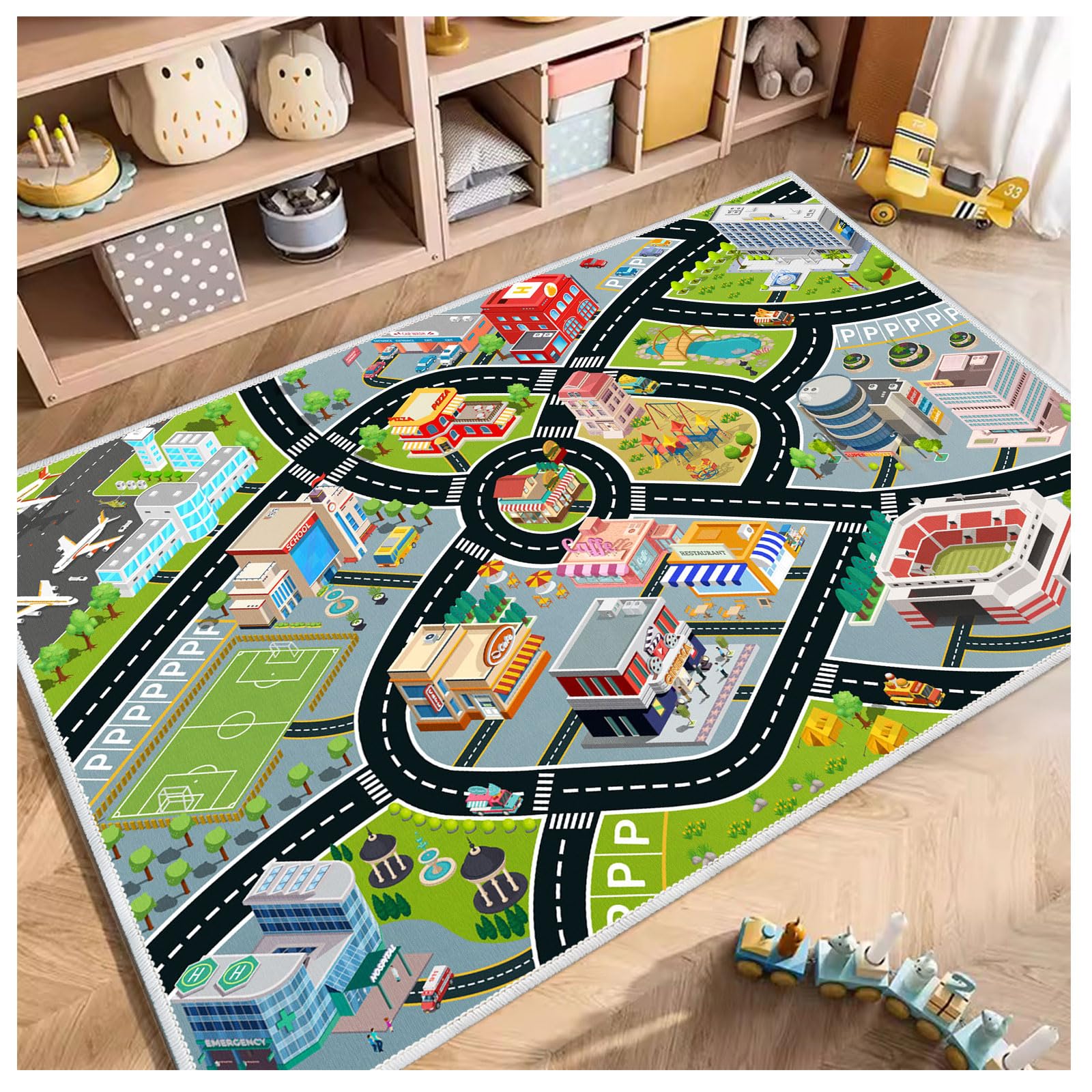 Kids Car Rug, Carpet Playmat For Toy Cars And Train, Road Traffic Play Mat For Kids, Play Area Rug With Non-Slip Backing, Ideal